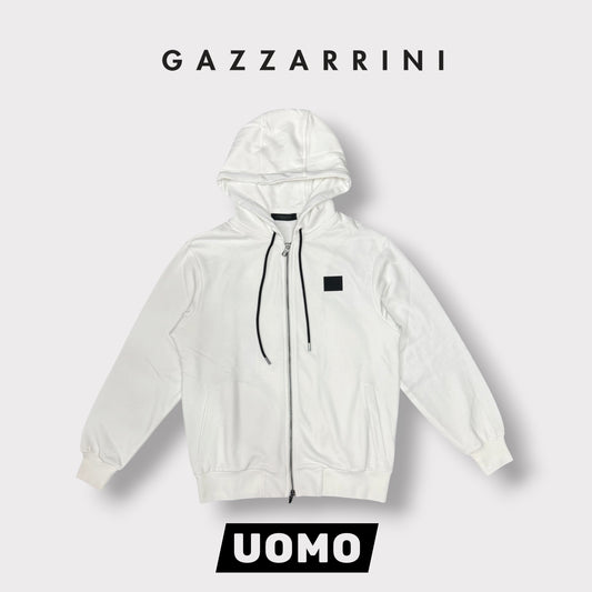 GAZZARRINI- Felpa estiva Uomo, con cappuccio e zip, tex.cotone garzato, col.Bianco