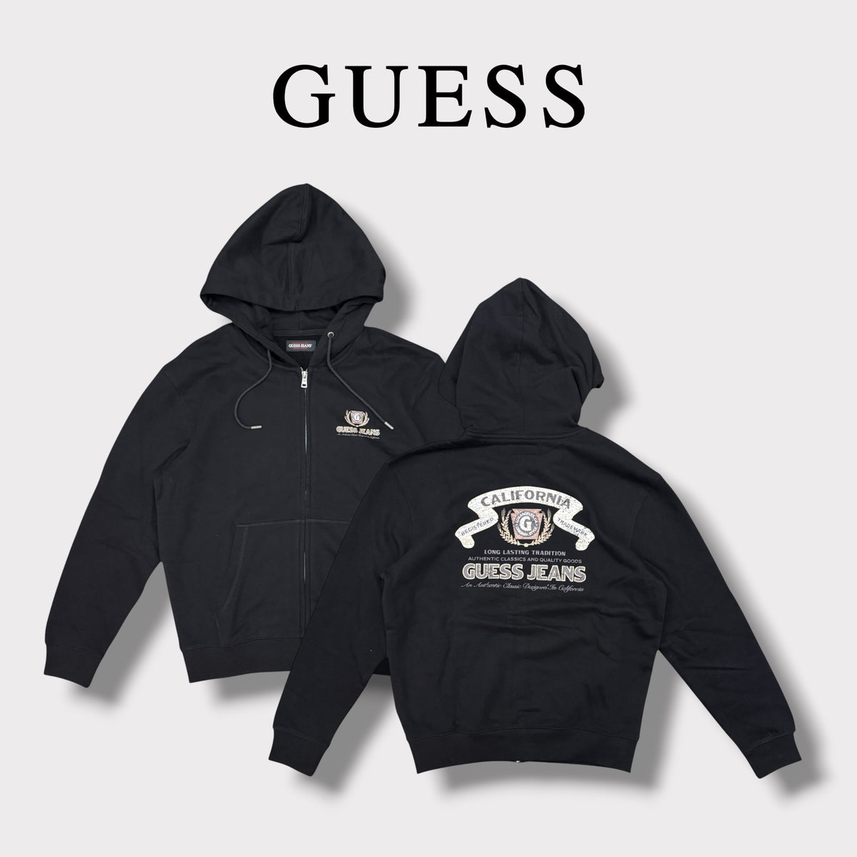 GUESS- Felpa Uomo con cappuccio e zip, con stampa sulla schiena, tex.felpato, Col.Nero