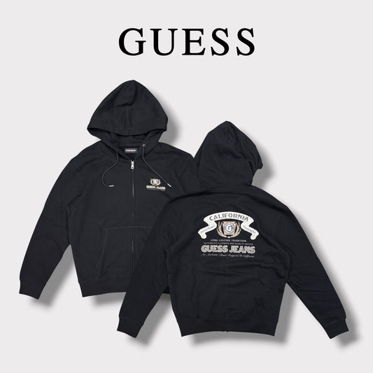 GUESS- Felpa Uomo con cappuccio e zip, con stampa sulla schiena, tex.felpato, Col.Nero