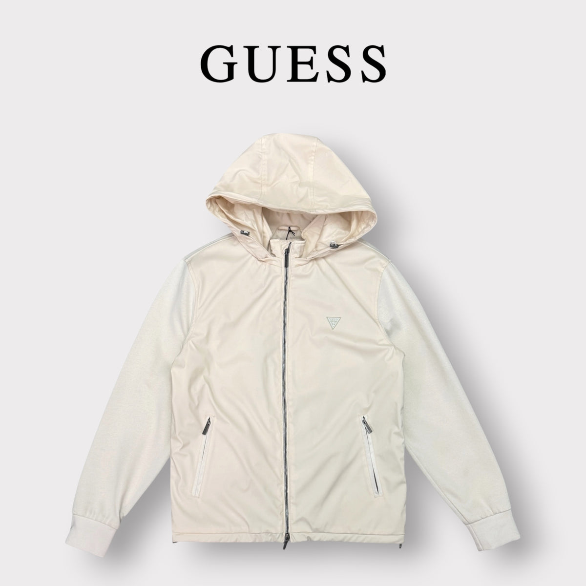 GUESS - Giubbotto Uomo, con maniche e retro in felpa, con cappuccio sganciabile, Col.Panna