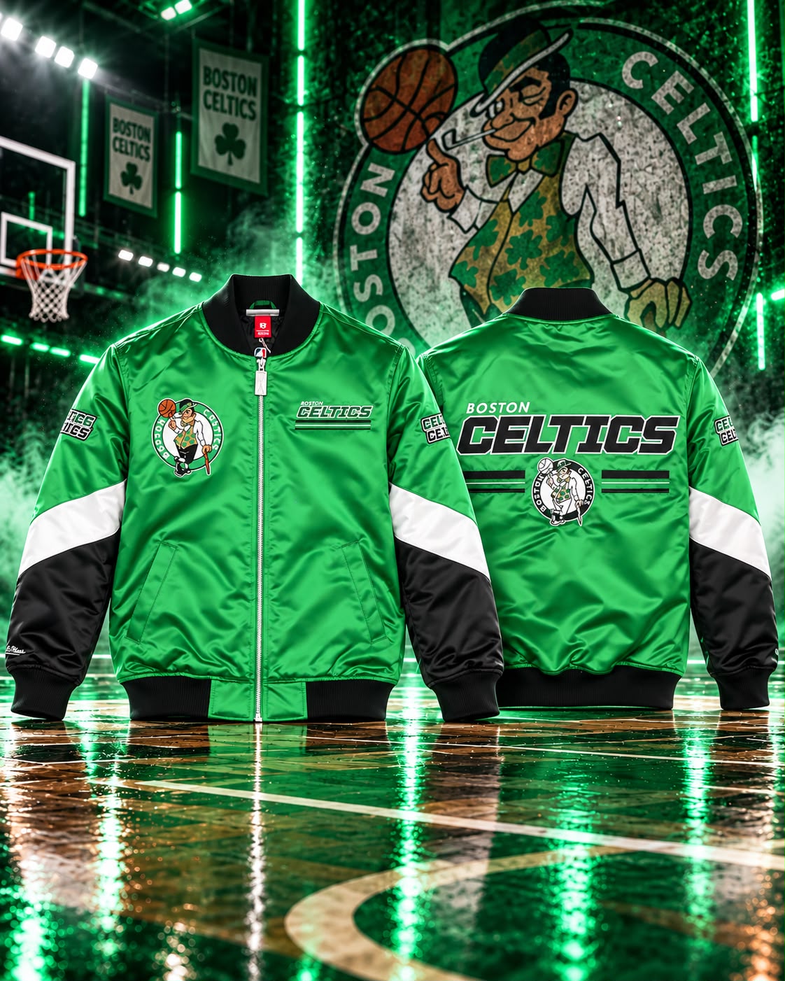 MITCHELL&NESS- Giubbotto Uomo, mod.Varsity Jacket, Boston Celtics, col.Verde/Nero/Bianco