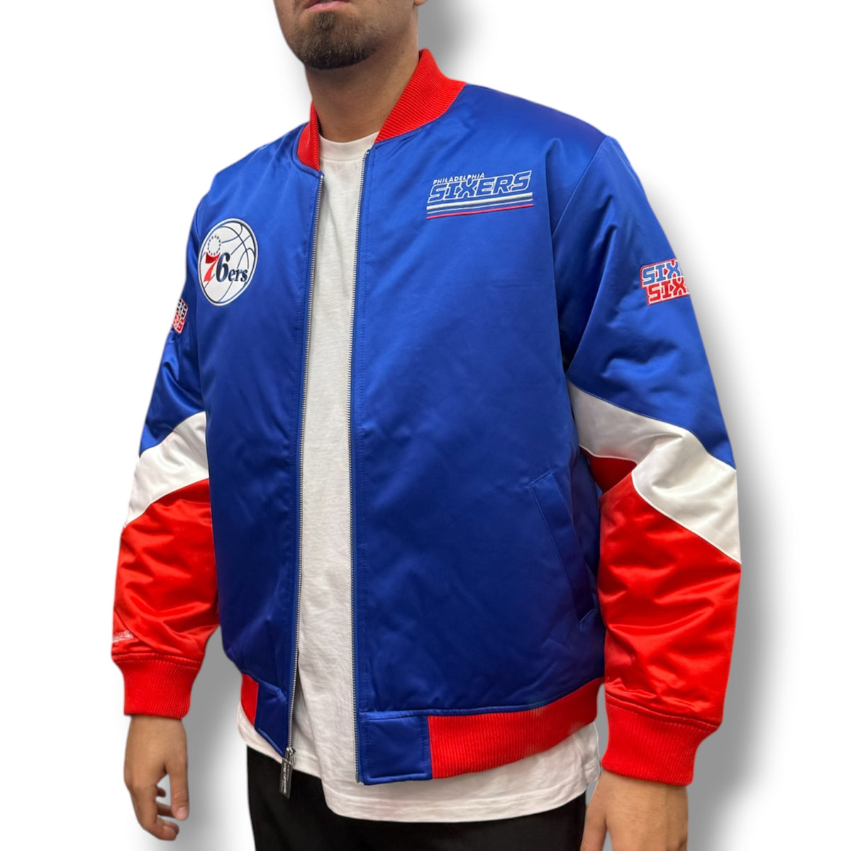 MITCHELL&NESS- Giubbotto Uomo, mod.Varsity Jacket, Philadelphia Sixers, col.Blu/Rosso/Bianco
