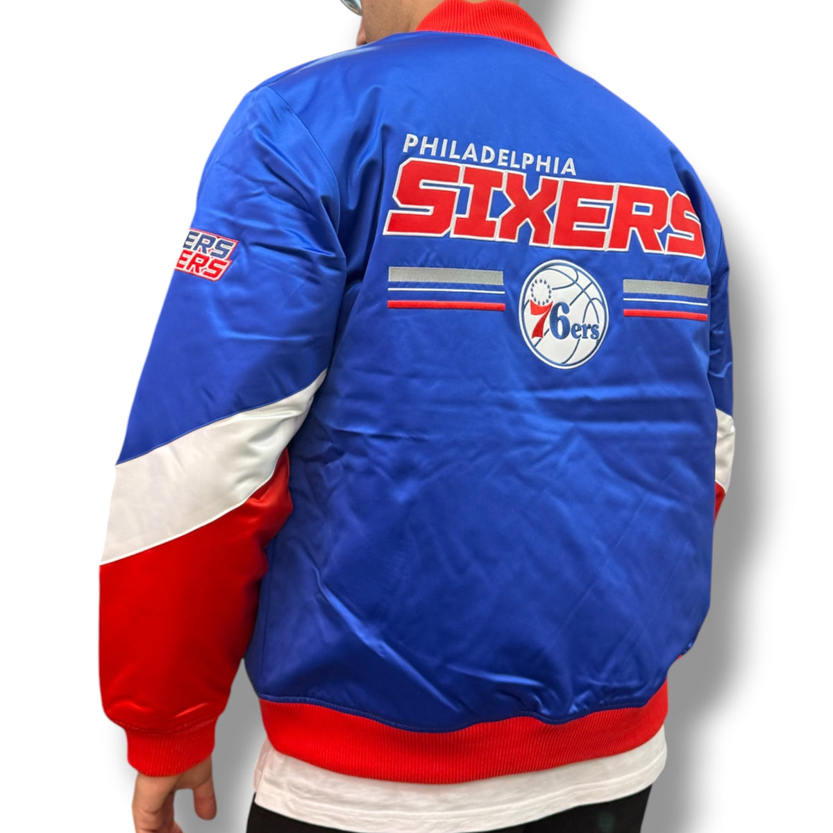 MITCHELL&NESS- Giubbotto Uomo, mod.Varsity Jacket, Philadelphia Sixers, col.Blu/Rosso/Bianco