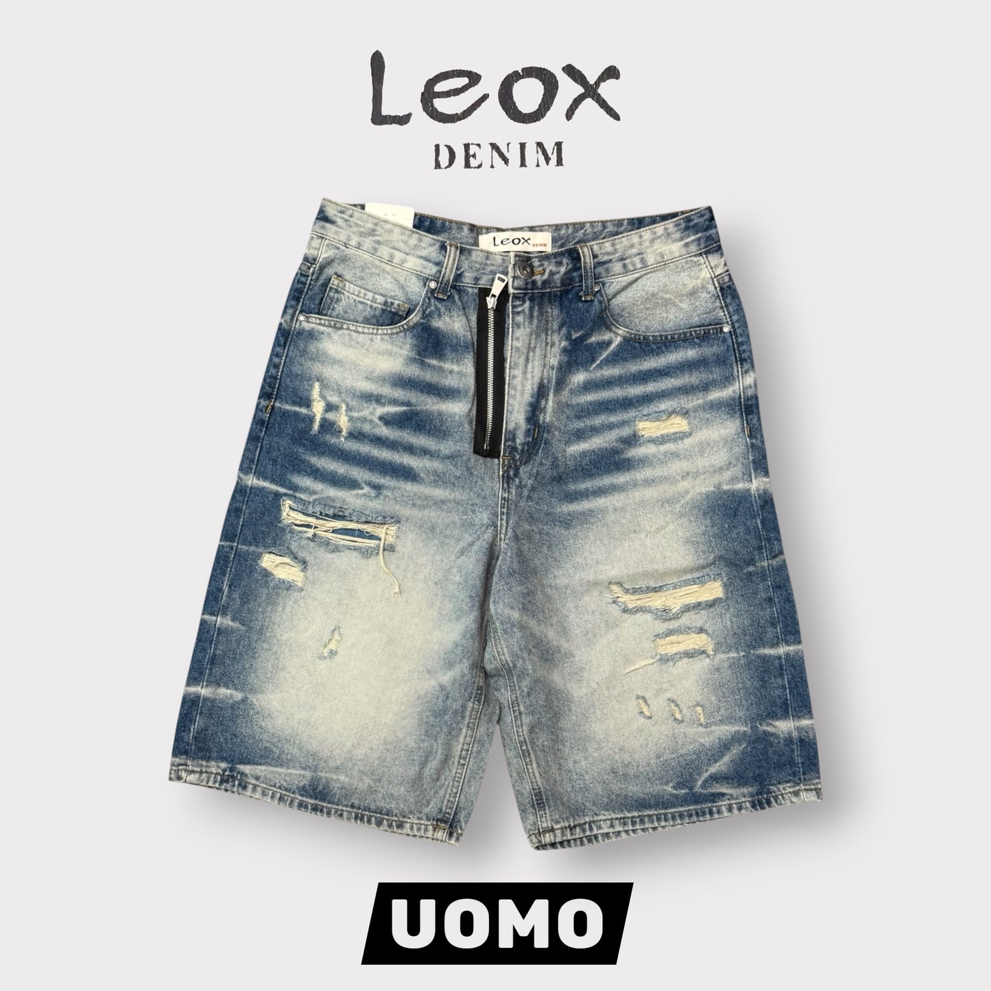 LEOX - Bermuda Uomo Baggy Fit con finta zip e rotture (lunghezza sotto ginocchio), Col.Blu Denim Sabbiato