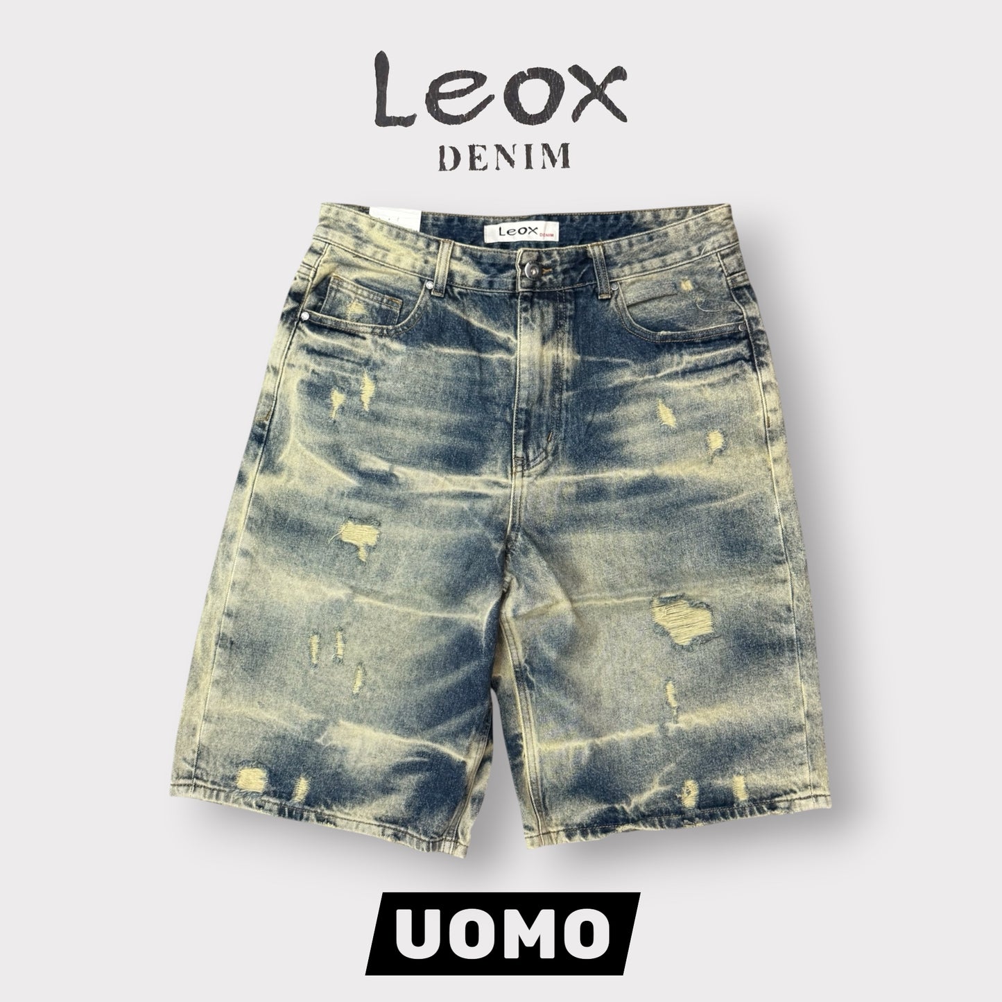 LEOX - Bermuda Uomo Baggy Fit sfumato con rotture (lunghezza sotto ginocchio), Col.Denim Sabbiato Scuro