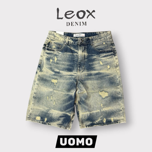LEOX - Bermuda Uomo Baggy Fit sfumato con rotture (lunghezza sotto ginocchio), Col.Denim Sabbiato Scuro