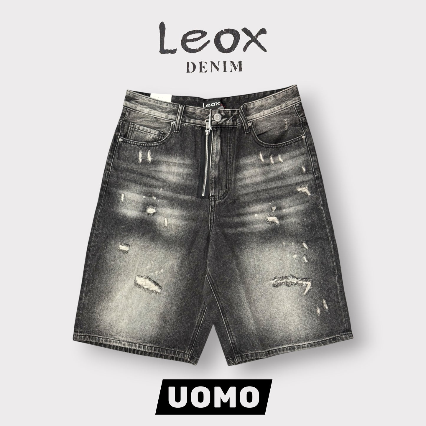 LEOX - Bermuda Uomo Baggy Fit con finta zip e rotture (lunghezza sotto al ginocchio), Col.Black Denim Sabbiato