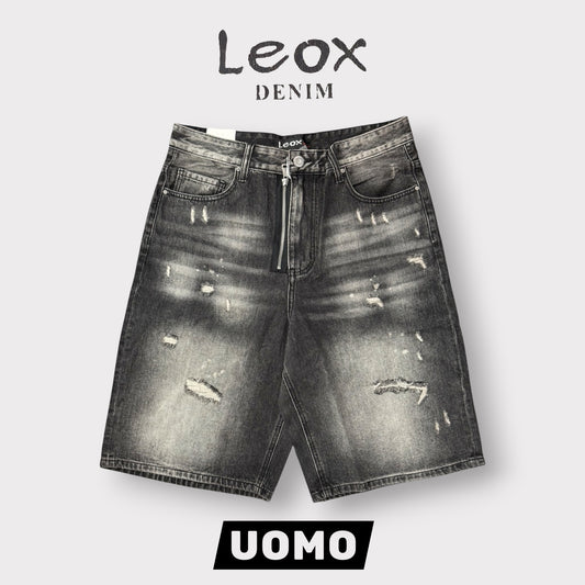 LEOX - Bermuda Uomo Baggy Fit con finta zip e rotture (lunghezza sotto al ginocchio), Col.Black Denim Sabbiato