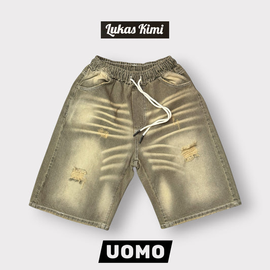 LUKAS KIMI - Bermuda Uomo Baggy Fit con elastico in vita (lunghezza sotto al ginocchio), Col.Denim Tortora Sabbiato