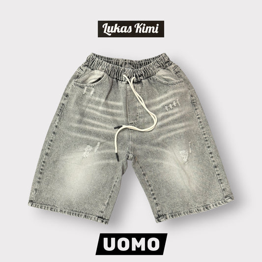 LUKAS KIMI - Bermuda Uomo Baggy Fit con elastico in vita (lunghezza sotto al ginocchio), Col.Denim Grigio Sfumato