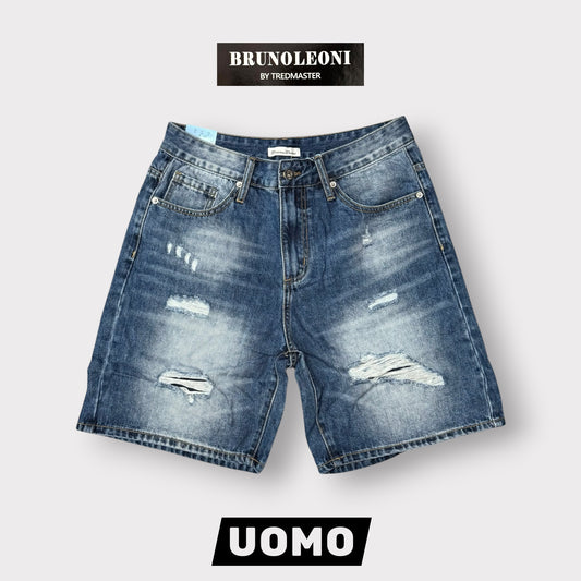 BRUNO LEONI - Bermuda Uomo strappato (lunghezza sopra al ginocchio), Col.Blu Denim