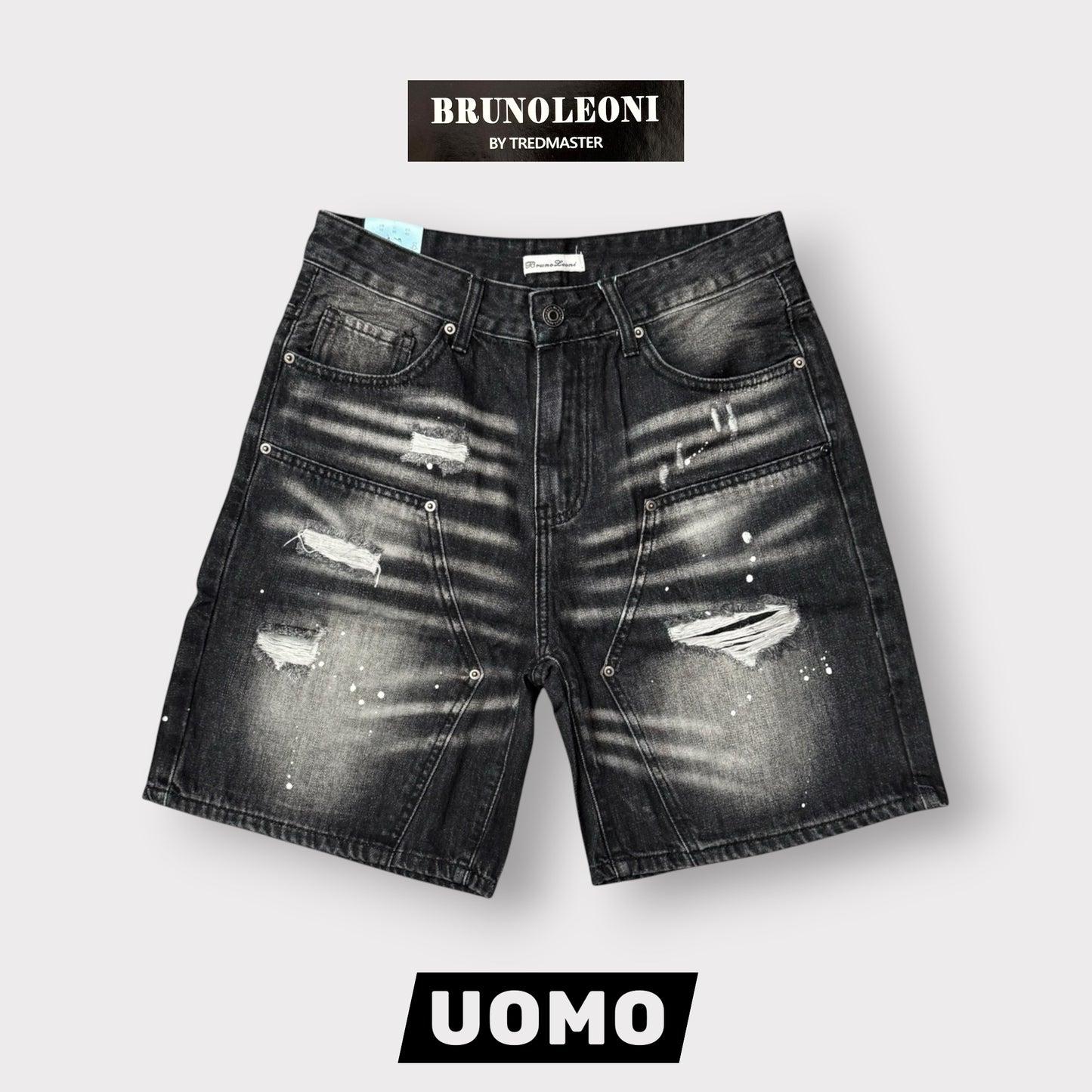 BRUNO LEONI - Bermuda Uomo Carpenter strappato (lunghezza sopra al ginocchio), Col.Denim Nero