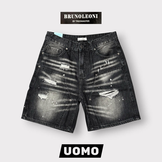 BRUNO LEONI - Bermuda Uomo Carpenter strappato (lunghezza sopra al ginocchio), Col.Denim Nero