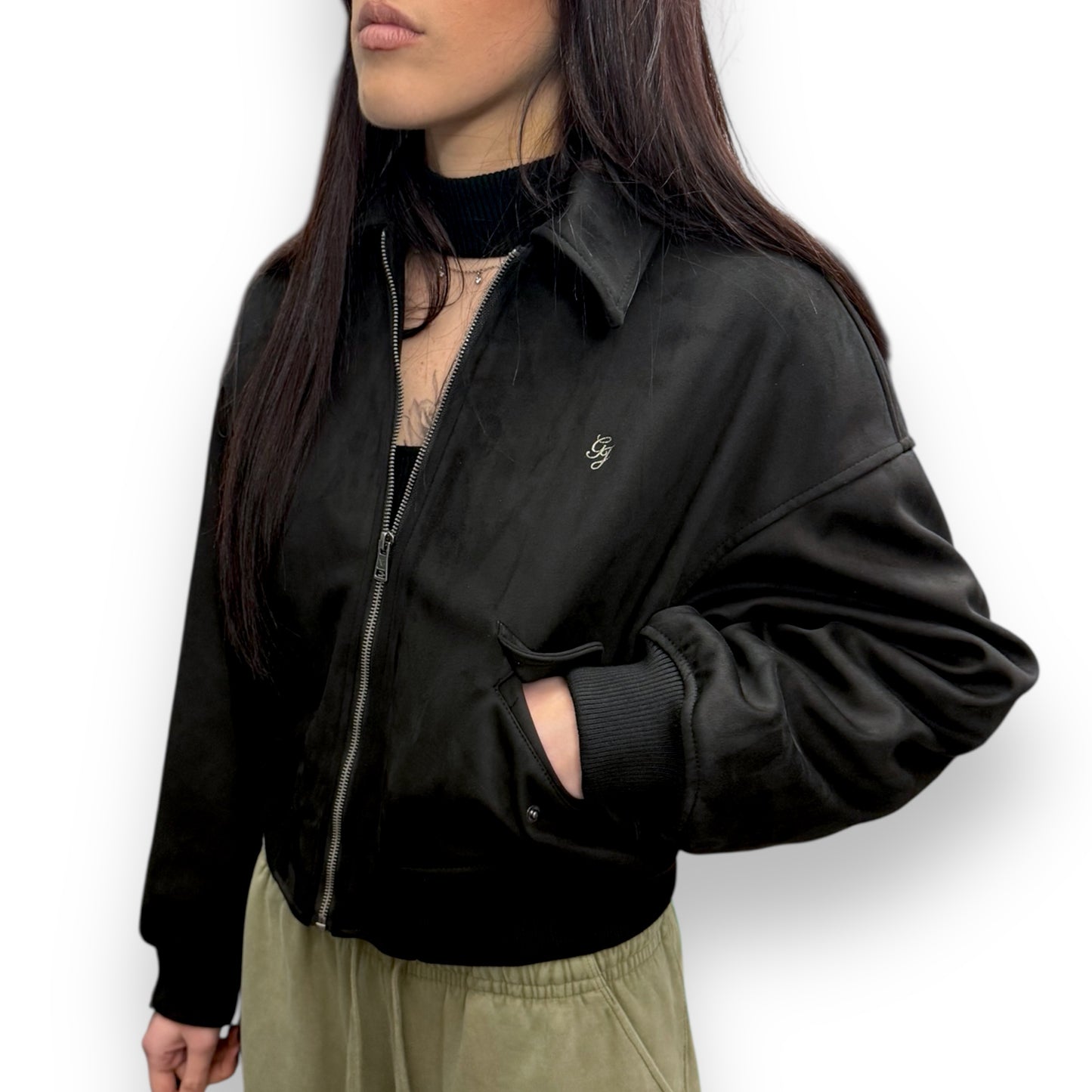 Giacca GUESS Donna con collo a camicia e manica a pipistrello, tessuto scamosciato, (veste grande), Col.Nero