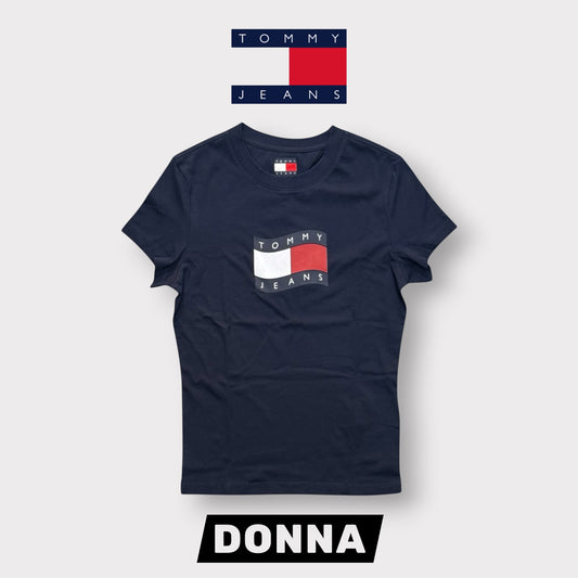 TOMMY JEANS- T-shirt Donna, con stampa frontale, Slim Fit, col.Blu