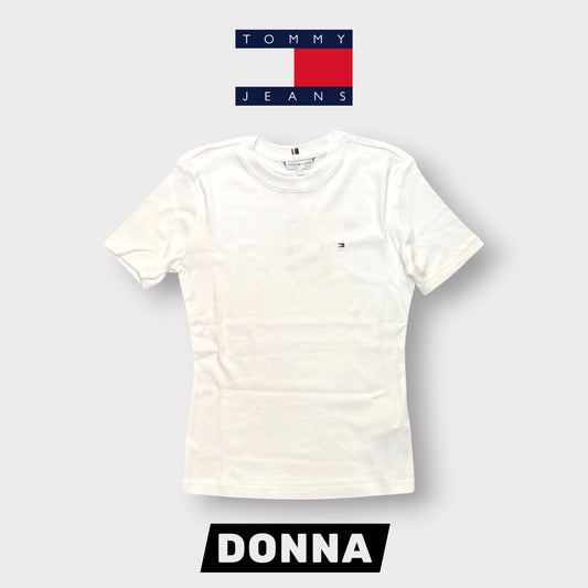 TOMMY HILFIGER- T-shirt Donna, con logo ricamato lato cuore, Slim Fit, col.Bianco