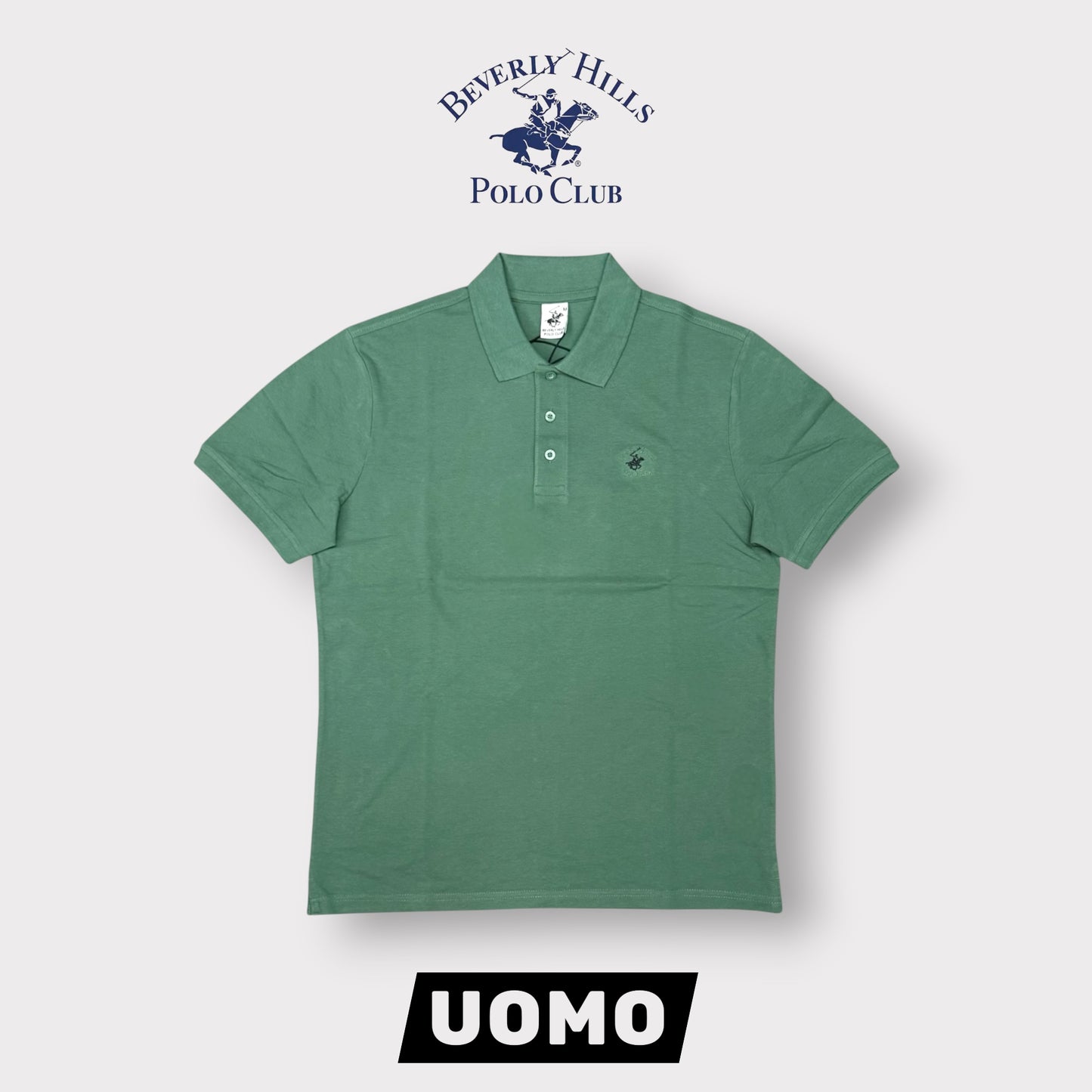 BEVERLY HILLS POLO CLUB- Polo Uomo con logo ricamato lato cuore, col.Verde
